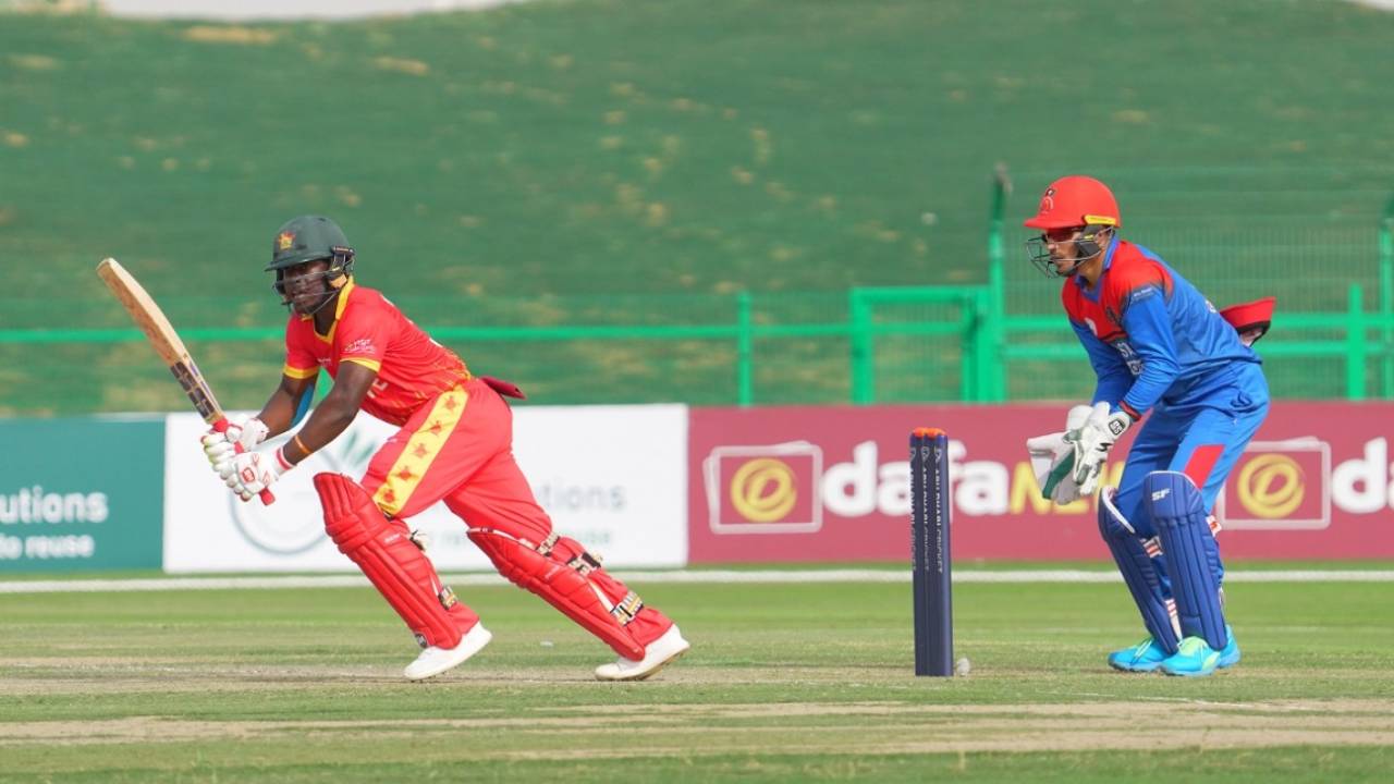 Tarisai Musakanda taps the ball in the direction of midwicket, Afghanistan vs Zimbabwe, 3rd T20I, Abu Dhabi, March 20, 2021