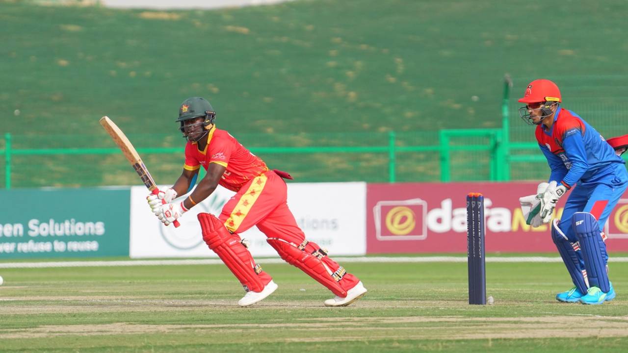 Tarisai Musakanda taps the ball in the direction of midwicket, Afghanistan vs Zimbabwe, 3rd T20I, Abu Dhabi, March 20, 2021