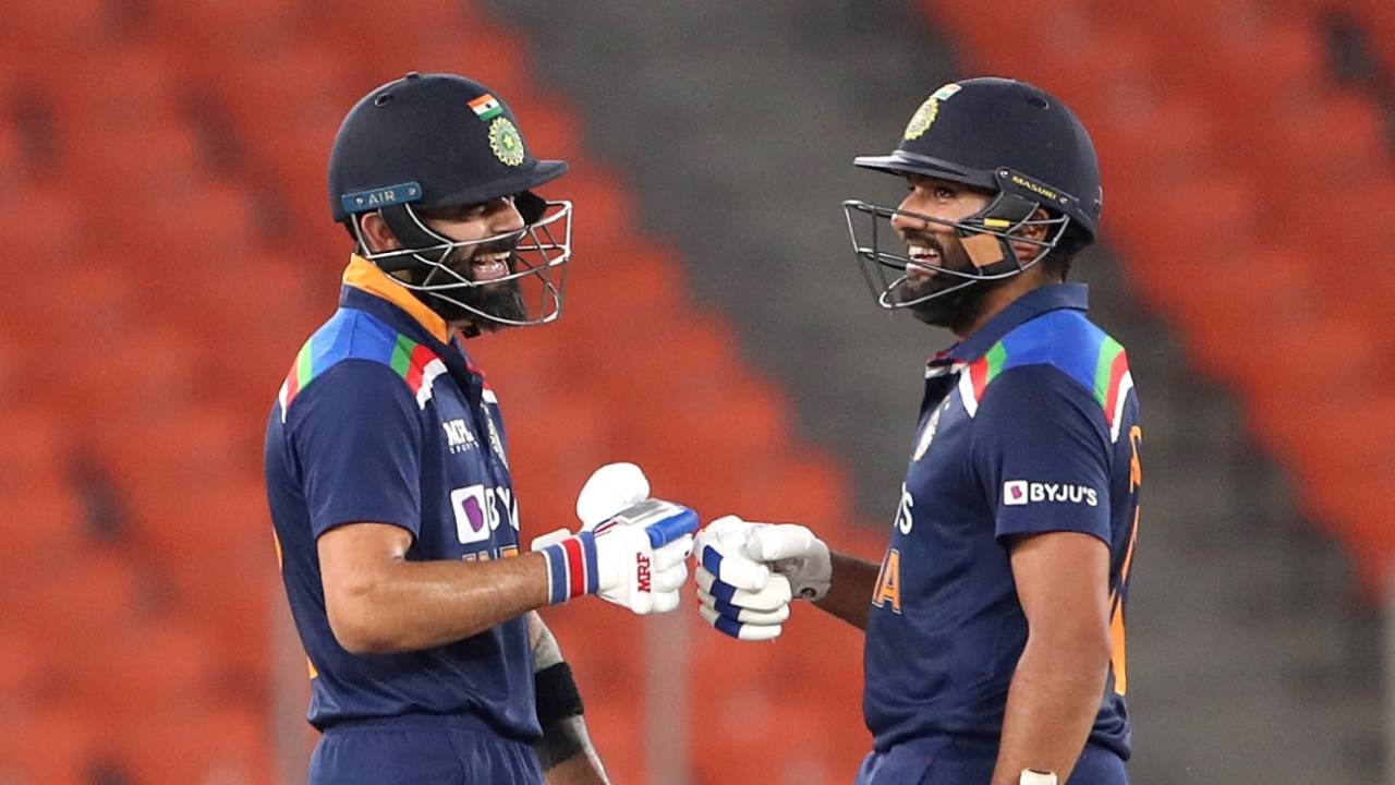 Virat Kohli and Rohit Sharma share a laugh during a blazing opening stand, India vs England, 5th T20I, Ahmedabad, March 20, 2021
