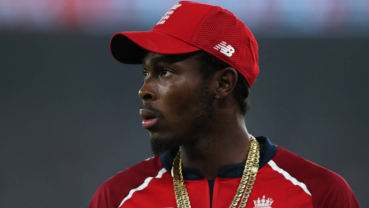Jofra Archer looks on, India vs England, 2nd T20I, Ahmedabad, March 14, 2021