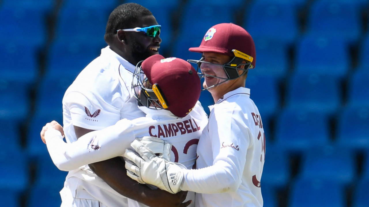 Rahkeem Cornwall celebrates claiming the opening wicket of Dimuth Karunaratne, West Indies vs Sri Lanka, 1st Test, North Sound, 1st day, March 21, 2021