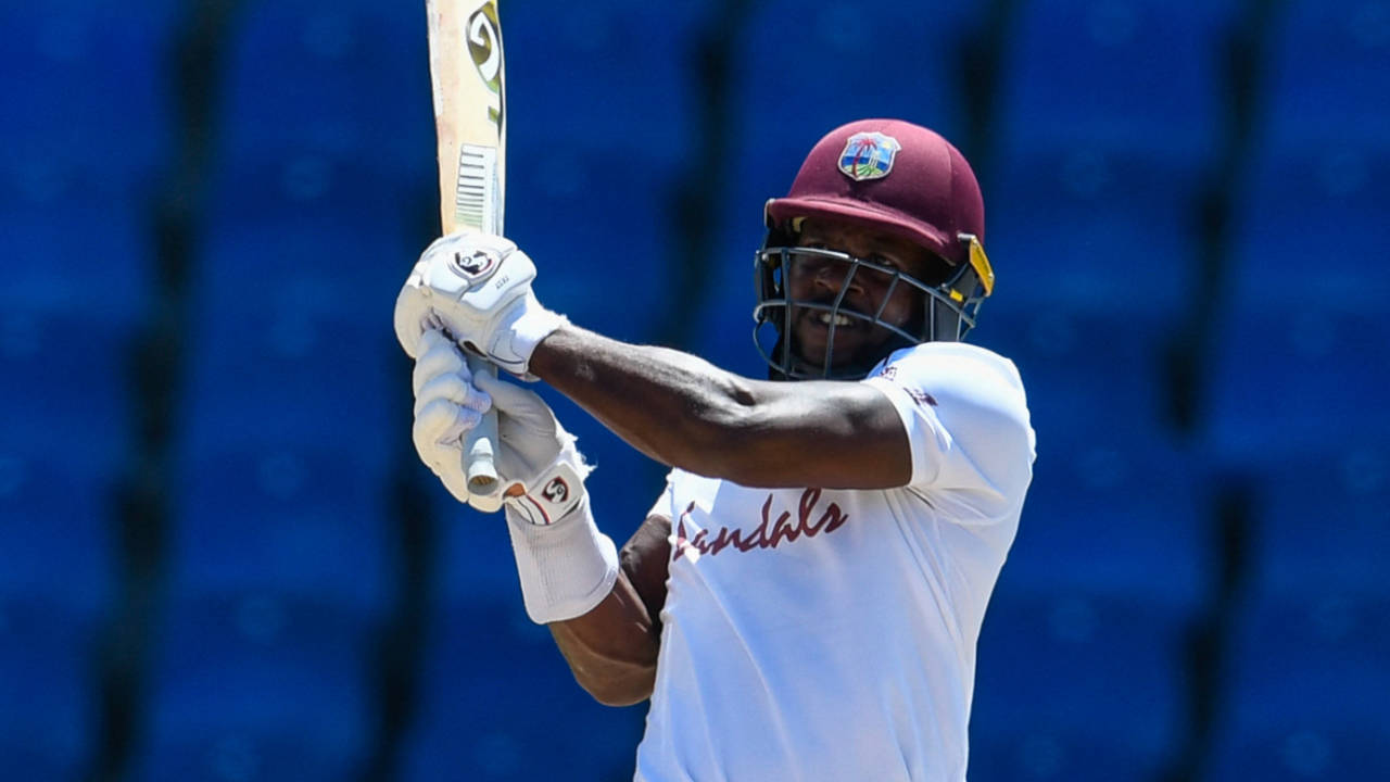 Kyle Mayers pulls hard for a boundary during his knock, West Indies vs Sri Lanka, 1st Test, North Sound, 2nd day, March 22, 2021