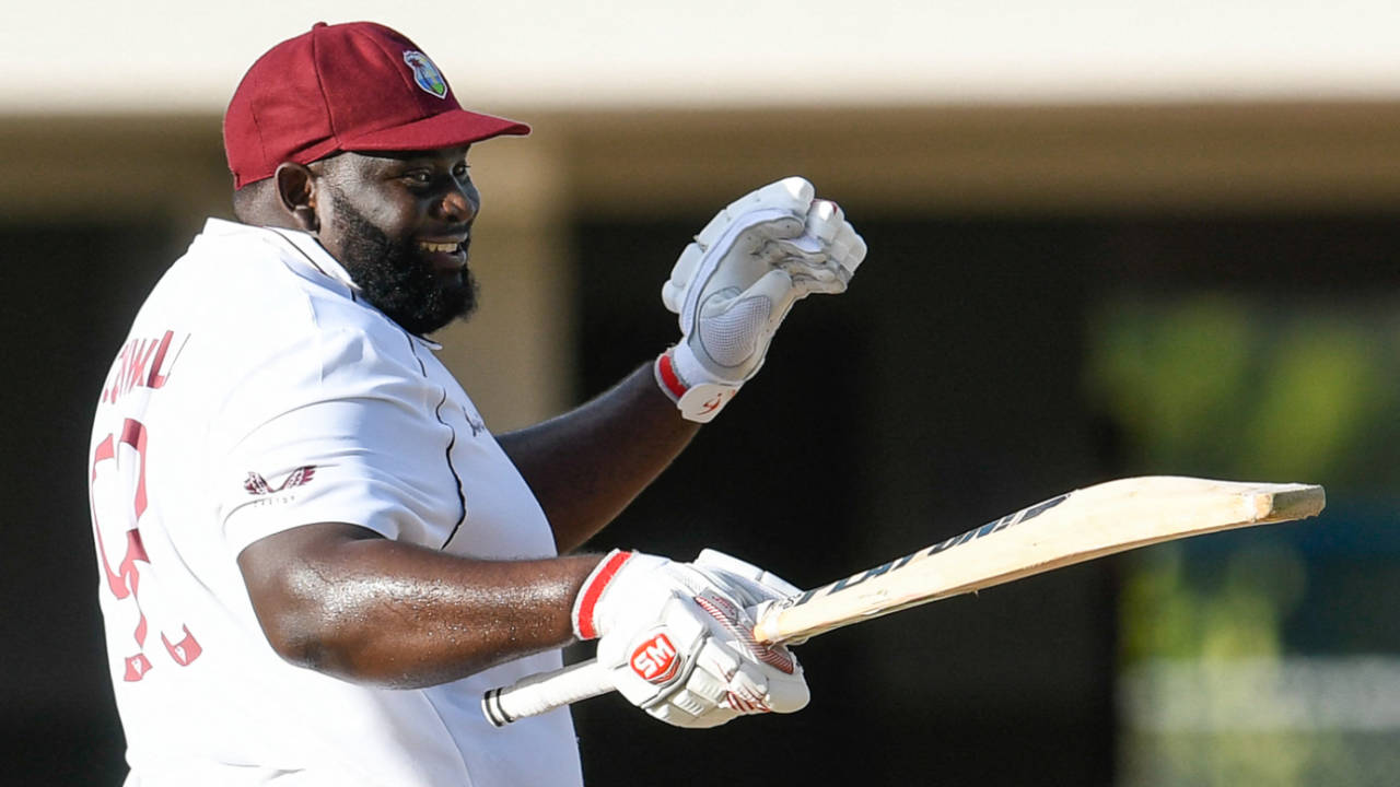 Rahkeem Cornwall cracks a smile after reaching his maiden Test half-century, West Indies vs Sri Lanka, 1st Test, North Sound, 2nd day, March 22, 2021