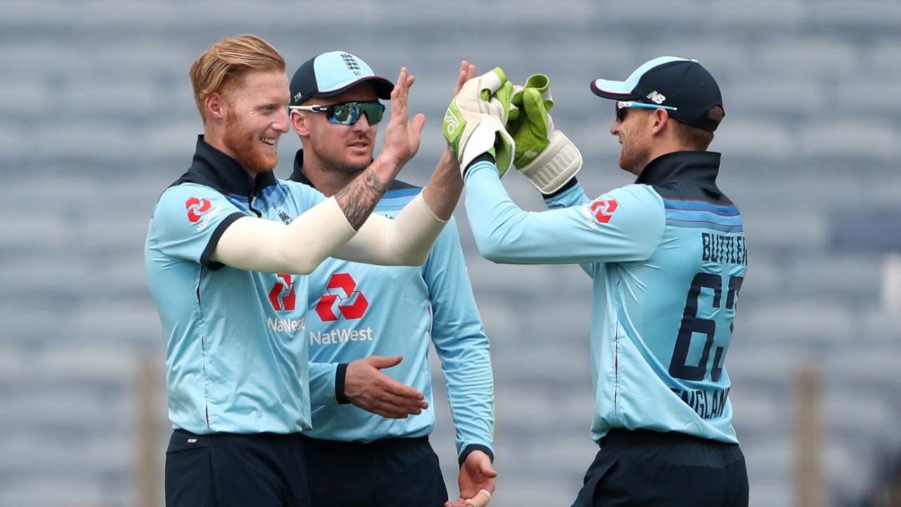 Ben Stokes celebrates a wicket with Jason Roy and Jos Buttler&nbsp;&nbsp;&bull;&nbsp;&nbsp;Getty Images
