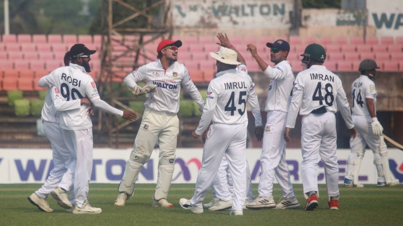 Khulna celebrate a wicket in their eight-wicket win over Sylhet, Khulna Division vs Sylhet Division, National Cricket League 2020-21, Khulna, March 25, 2021