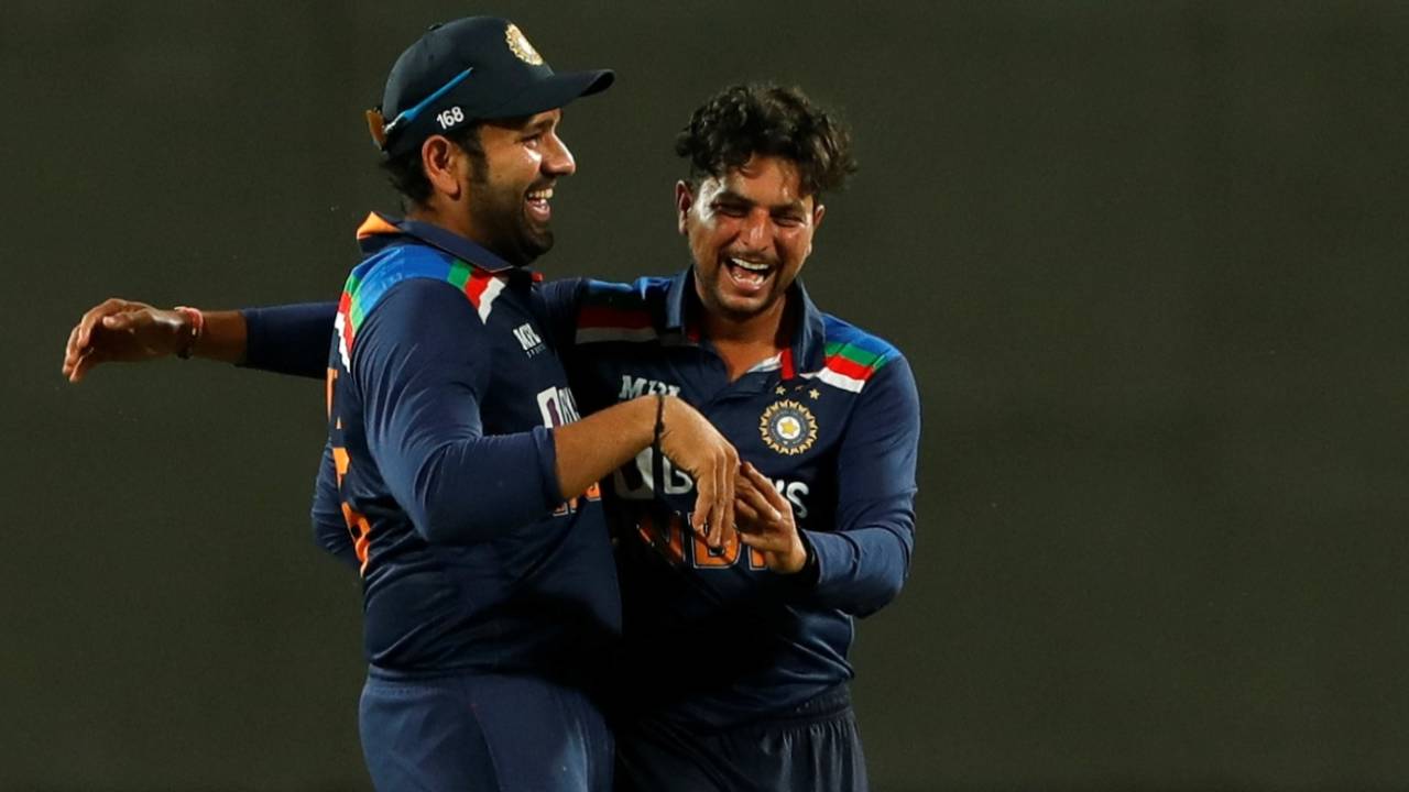 Rohit Sharma gets a hug from Kuldeep Yadav after triggering a mix-up that resulted in Jason Roy's run-out, India vs England, 2nd ODI, Pune, March 26, 2021