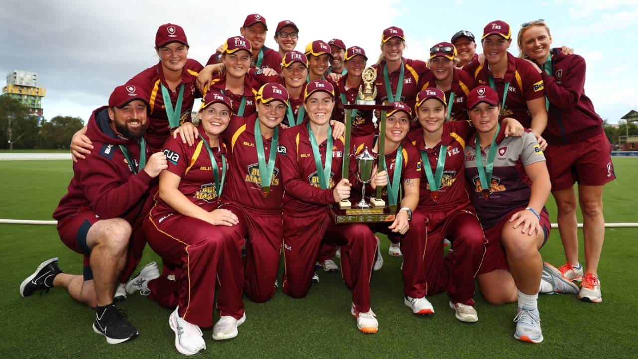 History made: First-time champions Queensland pose with the Ruth Preddy Cup - the trophy awarded to the winners of the WNCL, the domestic 50-over competition&nbsp;&nbsp;&bull;&nbsp;&nbsp;Mike Owen/Getty Images
