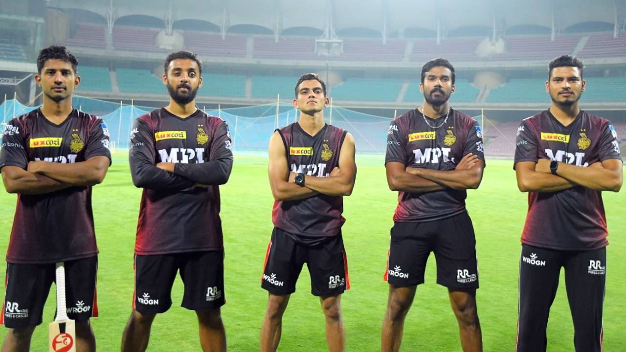 (L-R) Rahul Tripathi, Varun Chakravarthy, Kamlesh Nagarkoti, Sandeep Warrier and Vaibhav Arora attended a training camp at the DY Patil Stadium, IPL 2021, March 27, 2021, Mumbai