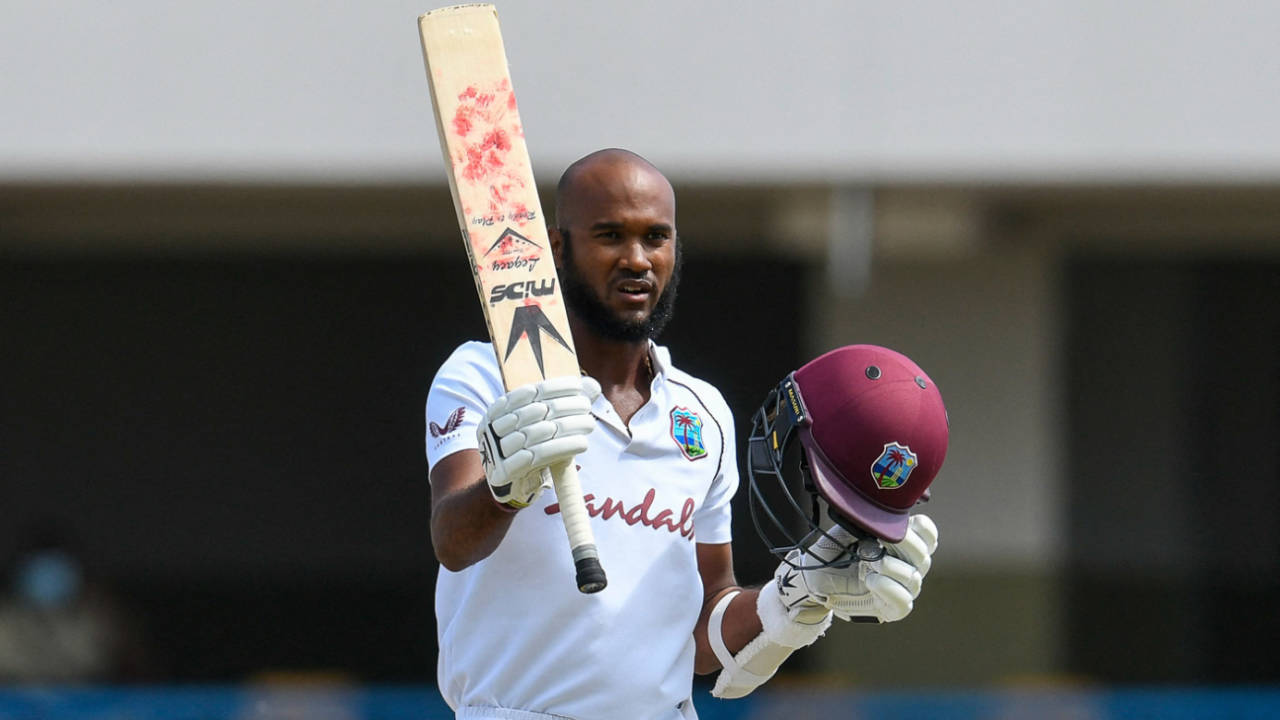 Kraigg Brathwaite brought up his ninth Test century and first as West Indies captain, West Indies vs Sri Lanka, 2nd Test, 2nd Day, North Sound, March 30, 2021