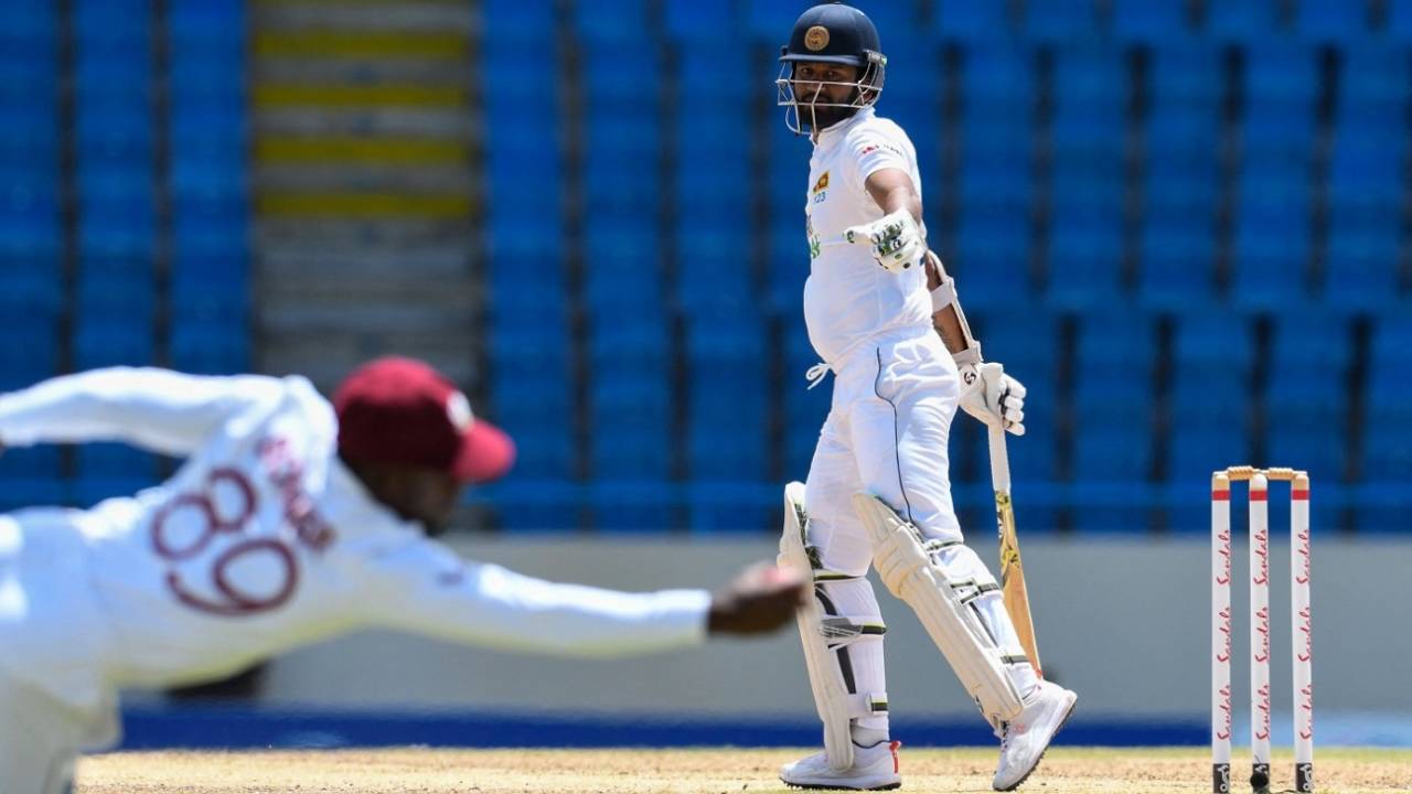 Nkrumah Bonner dives to take a catch to remove Dimuth Karunaratne, West Indies vs Sri Lanka, 2nd Test, 2nd Day, North Sound, March 30, 2021