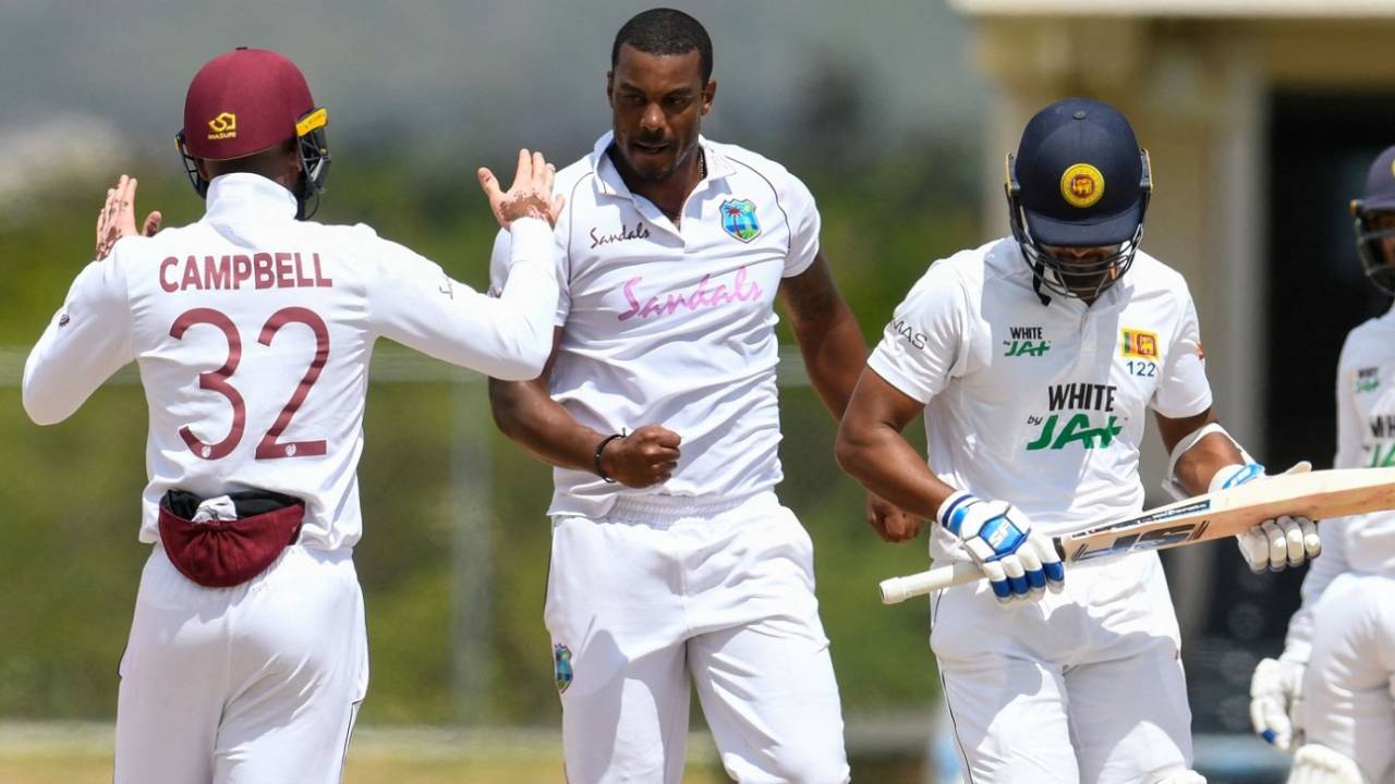 Shannon Gabriel celebrates dismissing Dinesh Chandimal, West Indies vs Sri Lanka, 2nd Test, North Sound, 3rd day, March 31, 2021