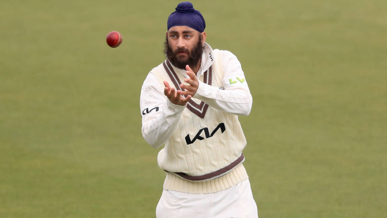 Amar Virdi got some overs under his belt during a pre-season match against Middlesex, Surrey vs Middlesex, The Oval, April 3, 2021