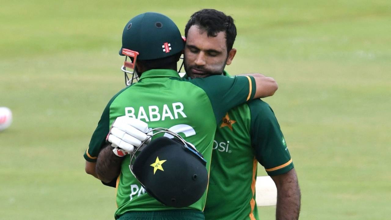 Fakhar Zaman gets a hug from his captain after reaching his century&nbsp;&nbsp;&bull;&nbsp;&nbsp;AFP/Getty Images