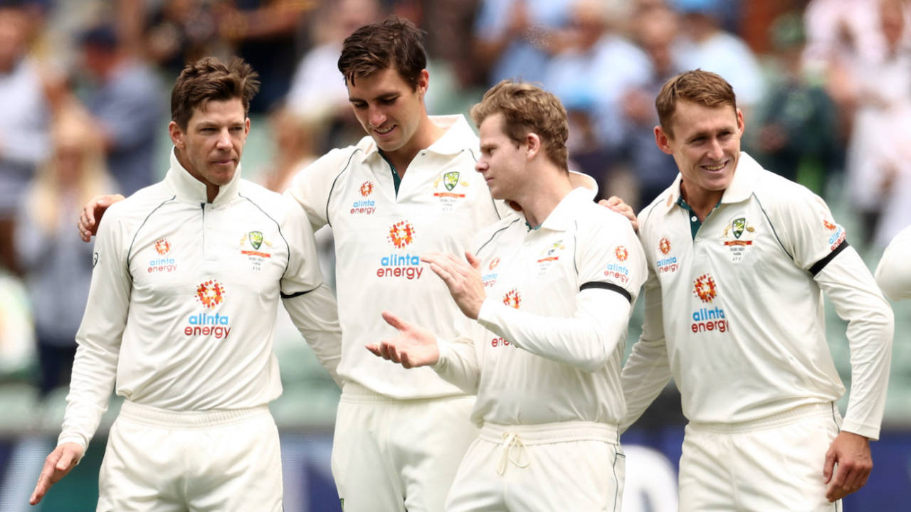 Tim Paine, Pat Cummins, Steven Smith and Marnus Labuschagne line up for the national anthem, Australia vs India, 1st Test, Adelaide, December 17, 2020