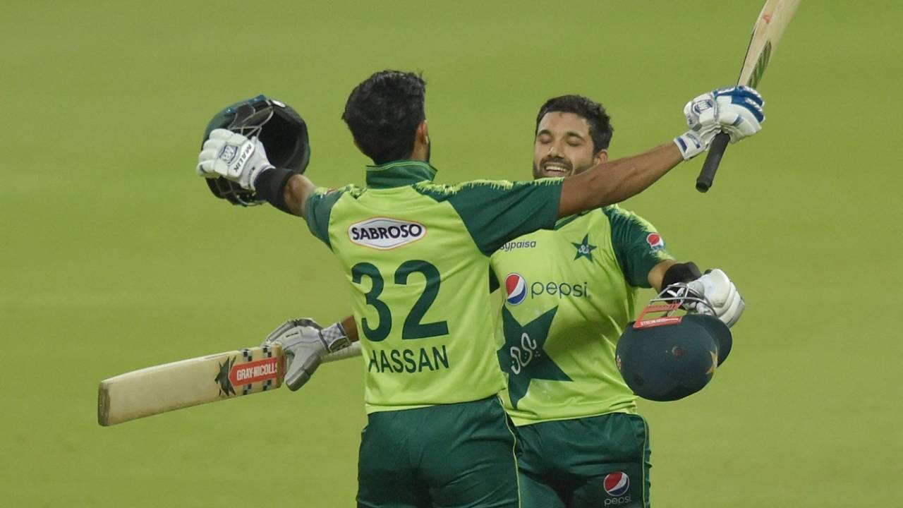 Mohammad Rizwan and Hasan Ali celebrate after completing the win&nbsp;&nbsp;&bull;&nbsp;&nbsp;AFP/Getty Images