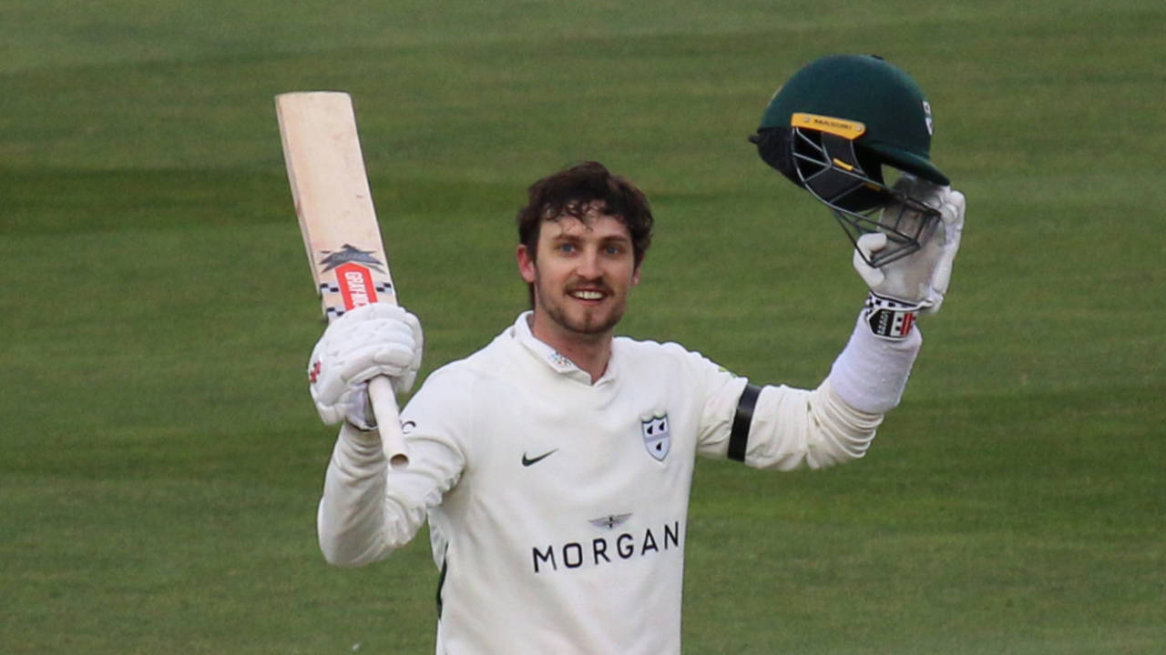 Ed Barnard celebrates his maiden first-class century, Essex v Worcestershire, Chelmsford, 3rd day, April 10, 2021