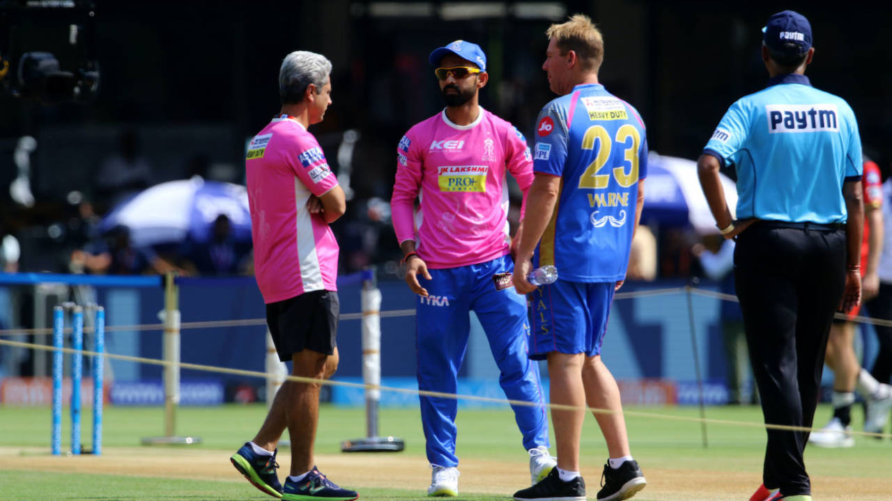 Zubin Bharucha, Ajinkya Rahane, and Shane Warne chat before the start of the match, Royal Challengers Bangalore vs the Rajasthan Royals, IPL 2018,  M Chinnaswamy Stadium, Bangalore, April 15, 2018.