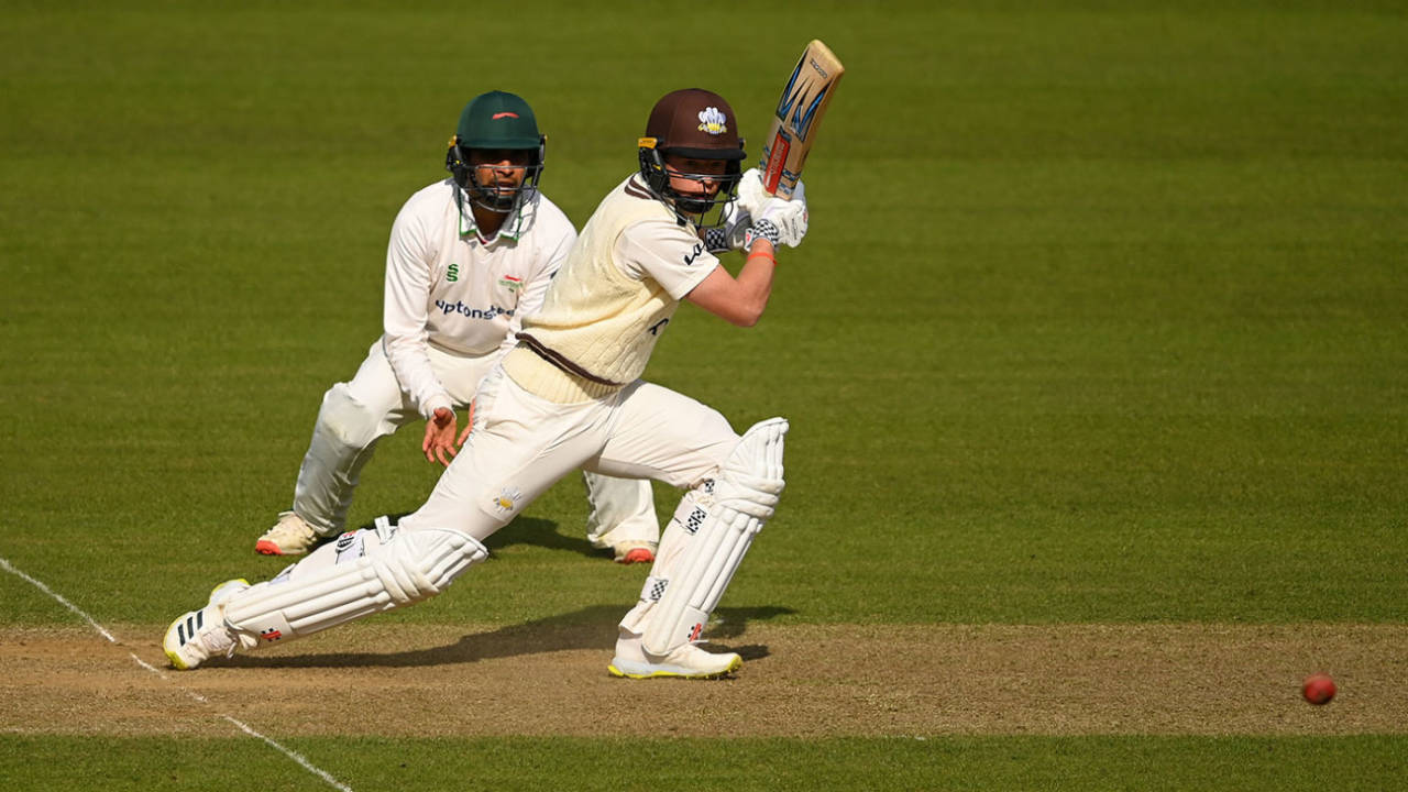 Ollie Pope plays to the off side, LV= Insurance County Championship, Surrey vs Leicestershire, The Kia Oval, April 16, 2021