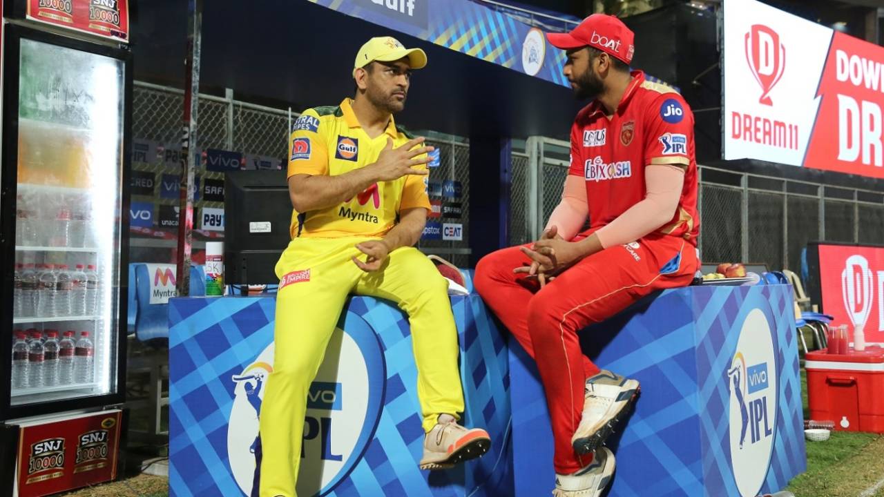 MS Dhoni and Shahrukh Khan have a chat after the match, Punjab Kings vs Chennai Super Kings, IPL 2021, Mumbai, April 16, 2021