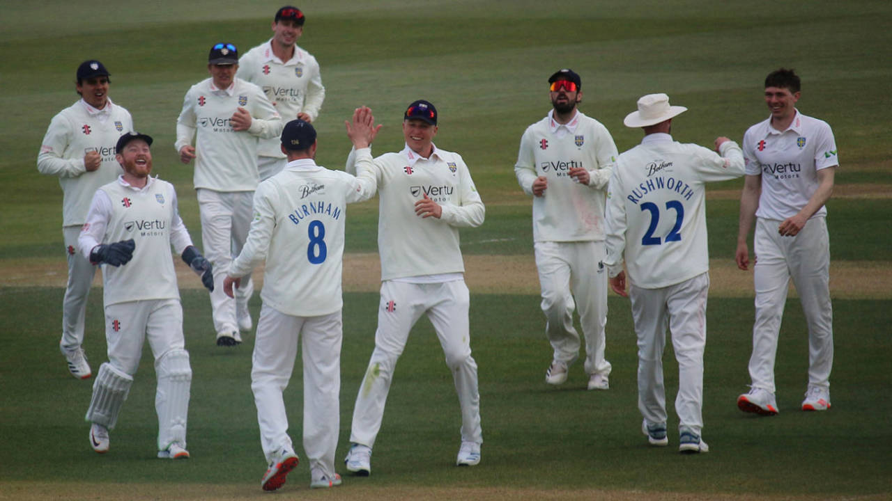 Durham celebrate another wicket as Essex crumble at Chelmsford, LV= Insurance County Championship, Essex vs Durham, Cloudfm County Ground, April 16, 2021