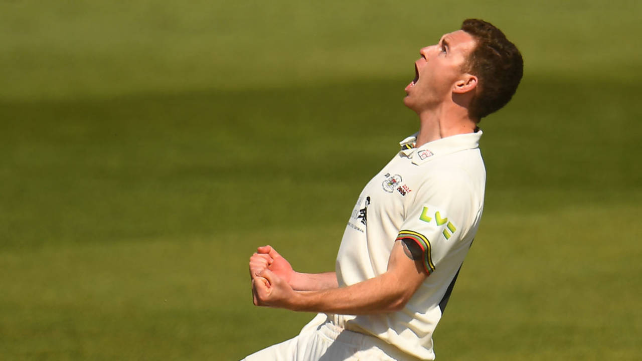 Ryan Higgins celebrates after taking the wicket of Craig Overton, LV= Insurance County Championship, Somerset vs Gloucestershire, Taunton, April 17, 2021
