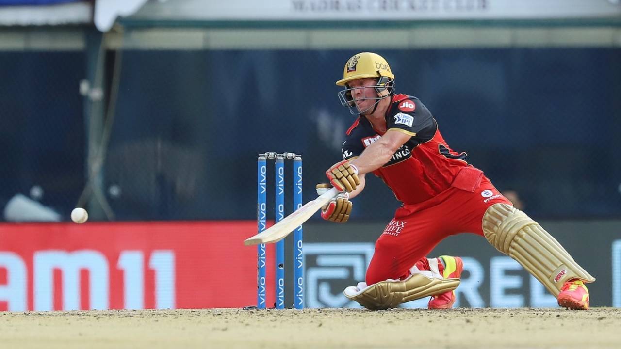 AB de Villiers gets down on his knees to play over the off side, Royal Challengers Bangalore vs Kolkata Knight Riders, IPL 2021, Chennai, April 18, 2021