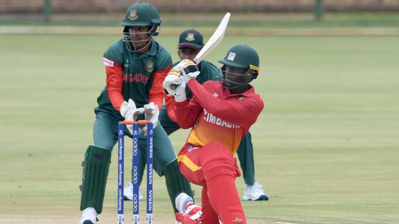 Tadiwanashe Marumani plays a slog sweep during the Under-19 World Cup match against Bangladesh, Potchefstroom, January 18, 2020
