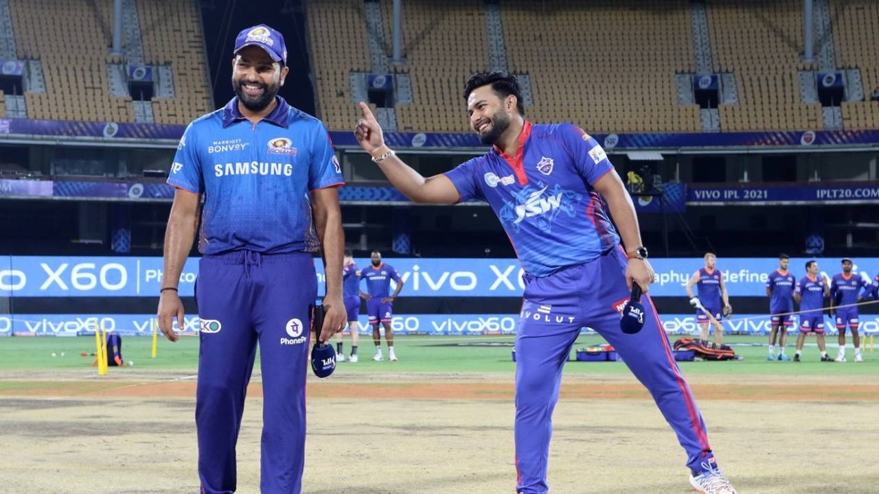 Rohit Sharma and Rishabh Pant share a laugh at the toss, Mumbai Indians vs Delhi Capitals, IPL 2021, Chennai, April 20, 2021
