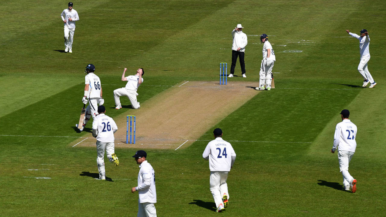 George Garton celebrates after trapping Joe Root lbw, LV= Insurance County Championship, Sussex vs Yorkshire, day 1, Hove, April 22, 2021