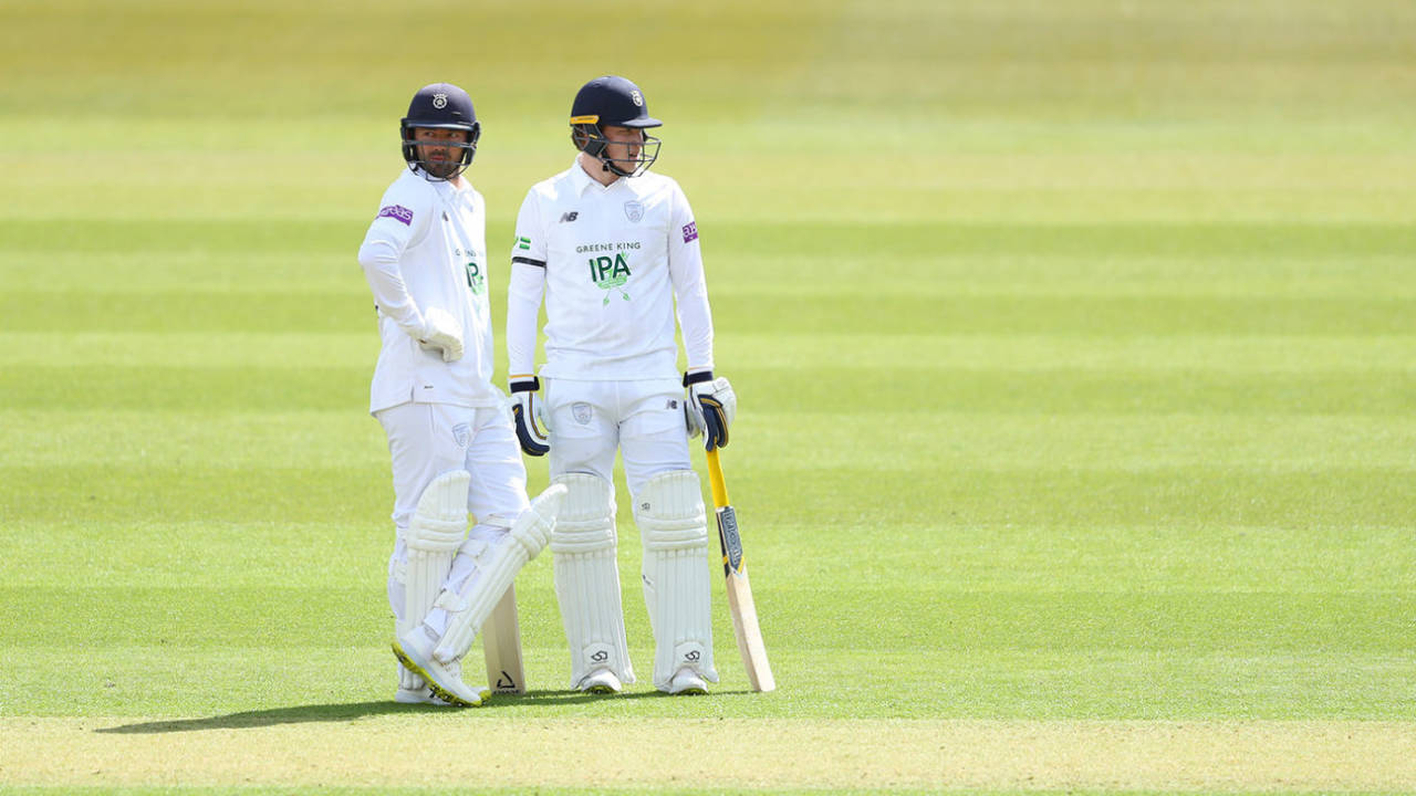 Ian Holland and Tom Alsop share a chat, LV=Insurance County Championship, Hampshire vs Middlesex, Ageas Bowl, April 15, 2021