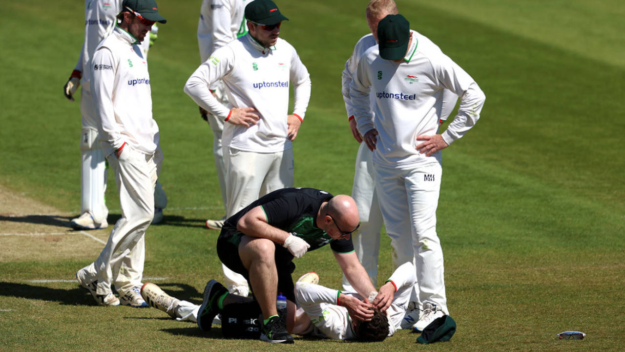 Colin Ackermann of Leicestershire is treated after being struck by a ball during&nbsp;&nbsp;&bull;&nbsp;&nbsp;Getty Images