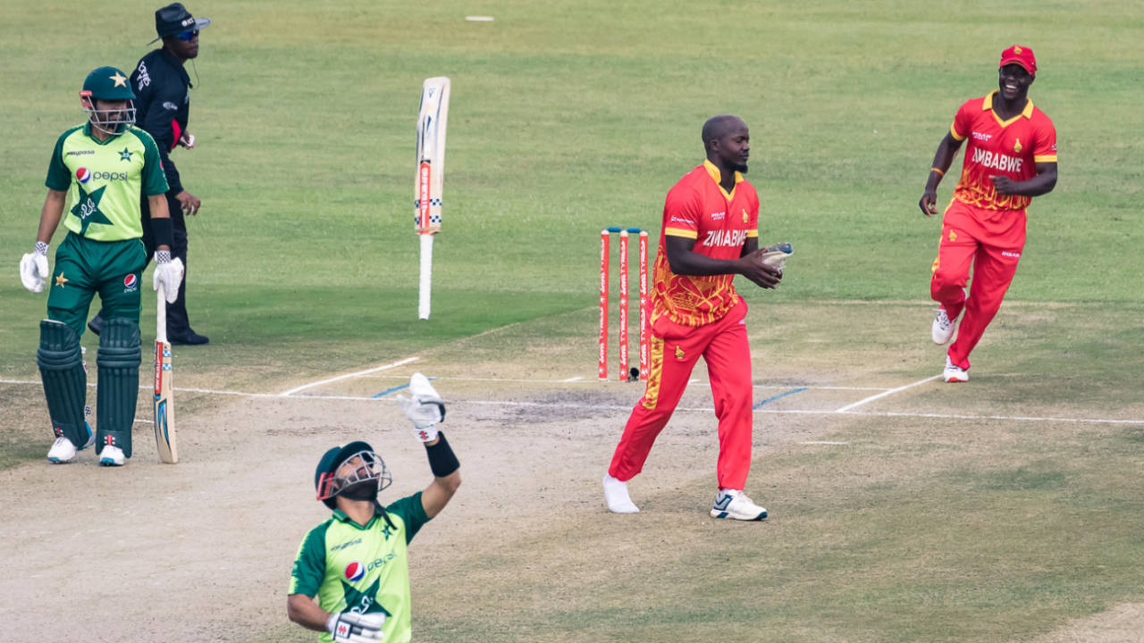 Luke Jongwe dismisses Mohammad Rizwan for the first of his four wickets in a historic win, Zimbabwe v Pakistan, 2nd T20I, Harare, April 23, 2021