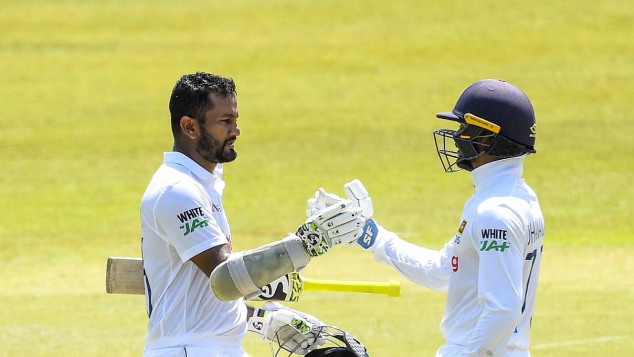 Dimuth Karunaratne is congratulated by Dhananjaya de Silva, Sri Lanka vs Bangladesh, 1st Test, Pallekele, 4th day, April 24, 2021
