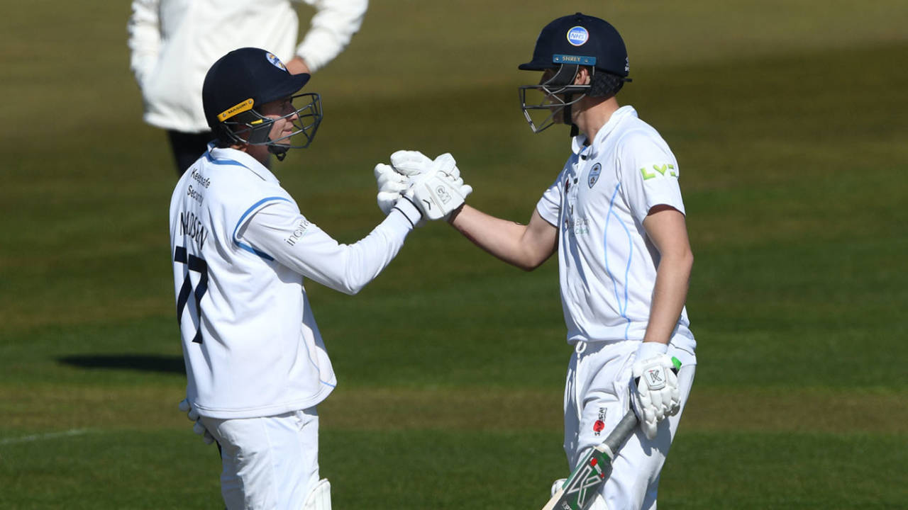 Wayne Madsen and Matthew Critchley celebrate their 100 partnership, LV= Insurance County Championship, Durham vs Derbyshire, day 4, Chester le Street, 25 April 2021