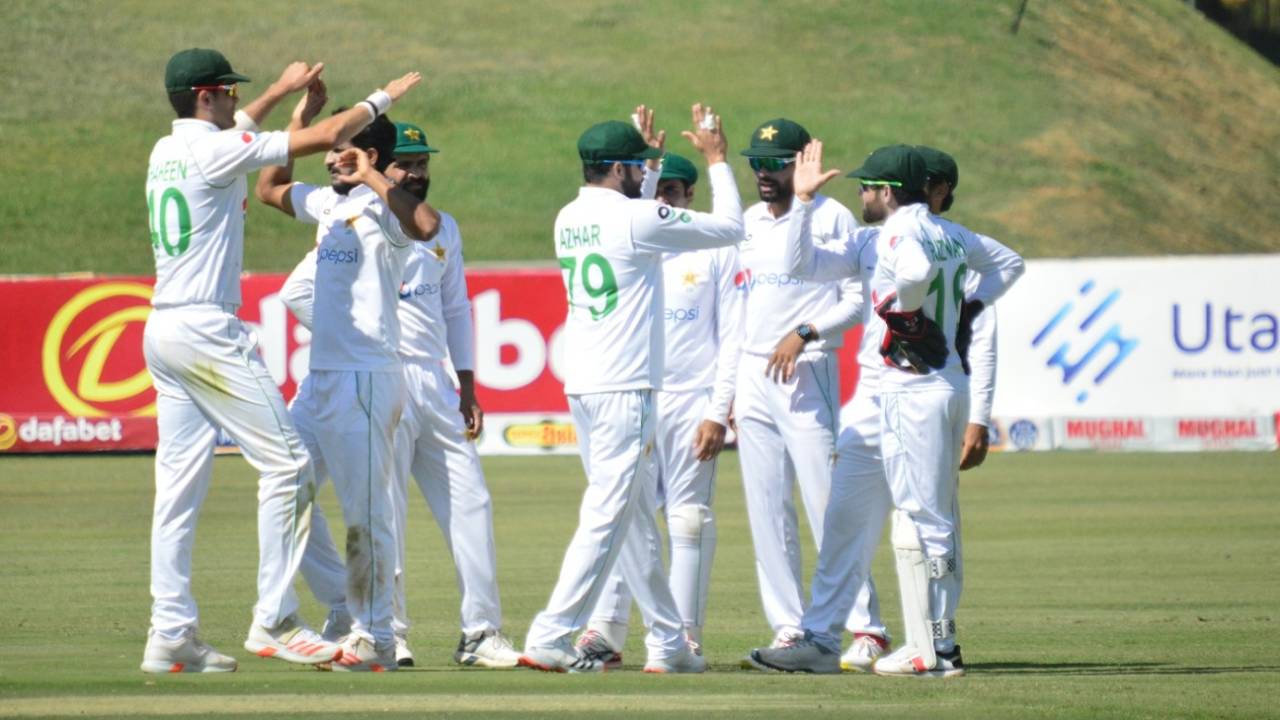 Pakistan players celebrate a wicket, Zimbabwe vs Pakistan, 1st Test, Harare, 1st day, April 29, 2021