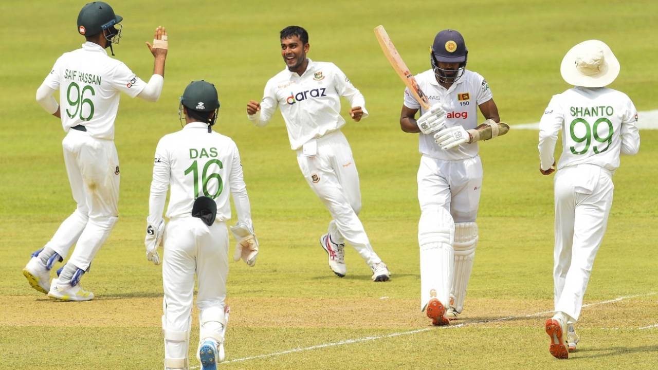Mehidy Hasan Miraz provided some respite with the wicket of Oshada Fernando, Sri Lanka v Bangladesh, 2nd Test, Pallekele, 2nd day, April 30, 2021