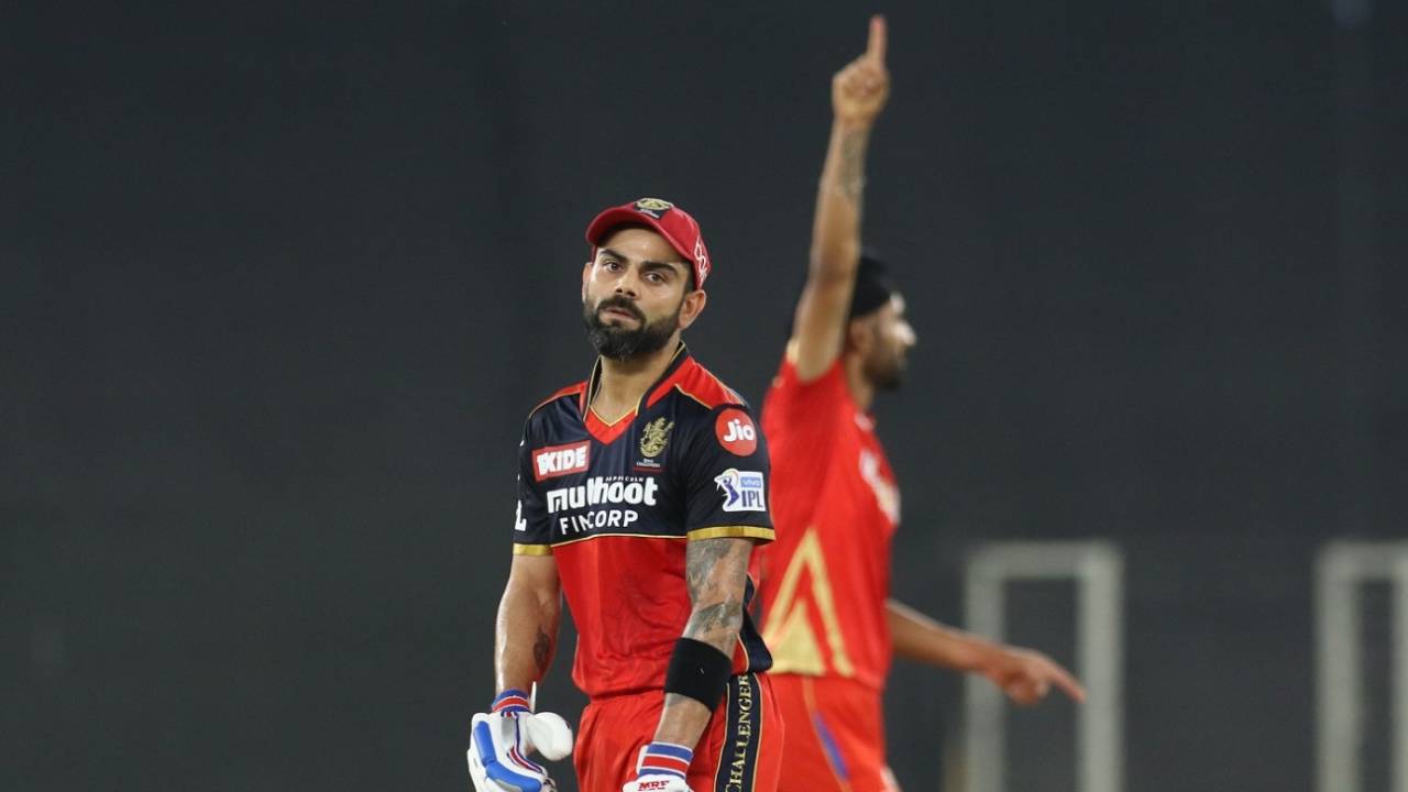 Virat Kohli is bemused as Harpreet Brar celebrates his wicket, Punjab Kings vs Royal Challengers Bangalore, IPL 2021, Ahmedabad, April 30, 2021