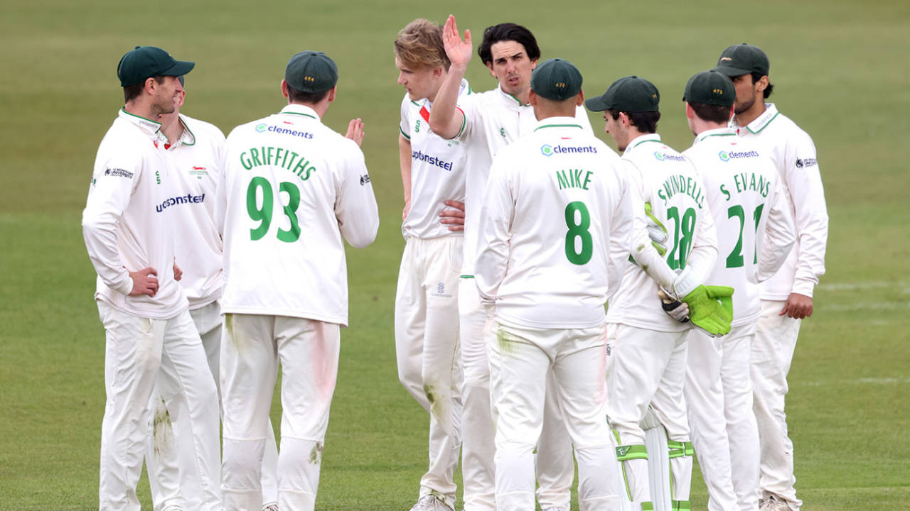 Chris Wright is congratulated by his team-mates, Leicestershire vs Hampshire, County Championship, Grace Road, April 8, 2021