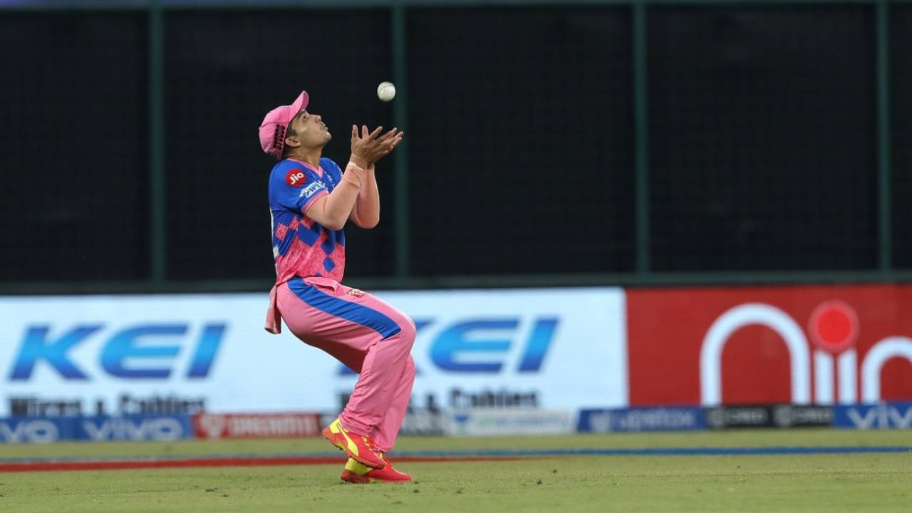 Anuj Rawat holds on to his third catch of the day, Rajasthan Royals vs Sunrisers Hyderabad, IPL 2021, Delhi, May 2, 2021