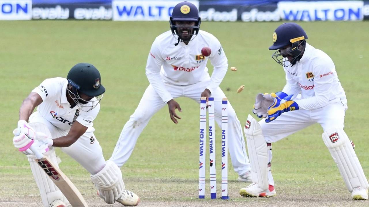 Najmul Hossain Shanto is bowled, Sri Lanka vs Bangladesh, 2nd Test, Pallekele, 4th day, May 2, 2021