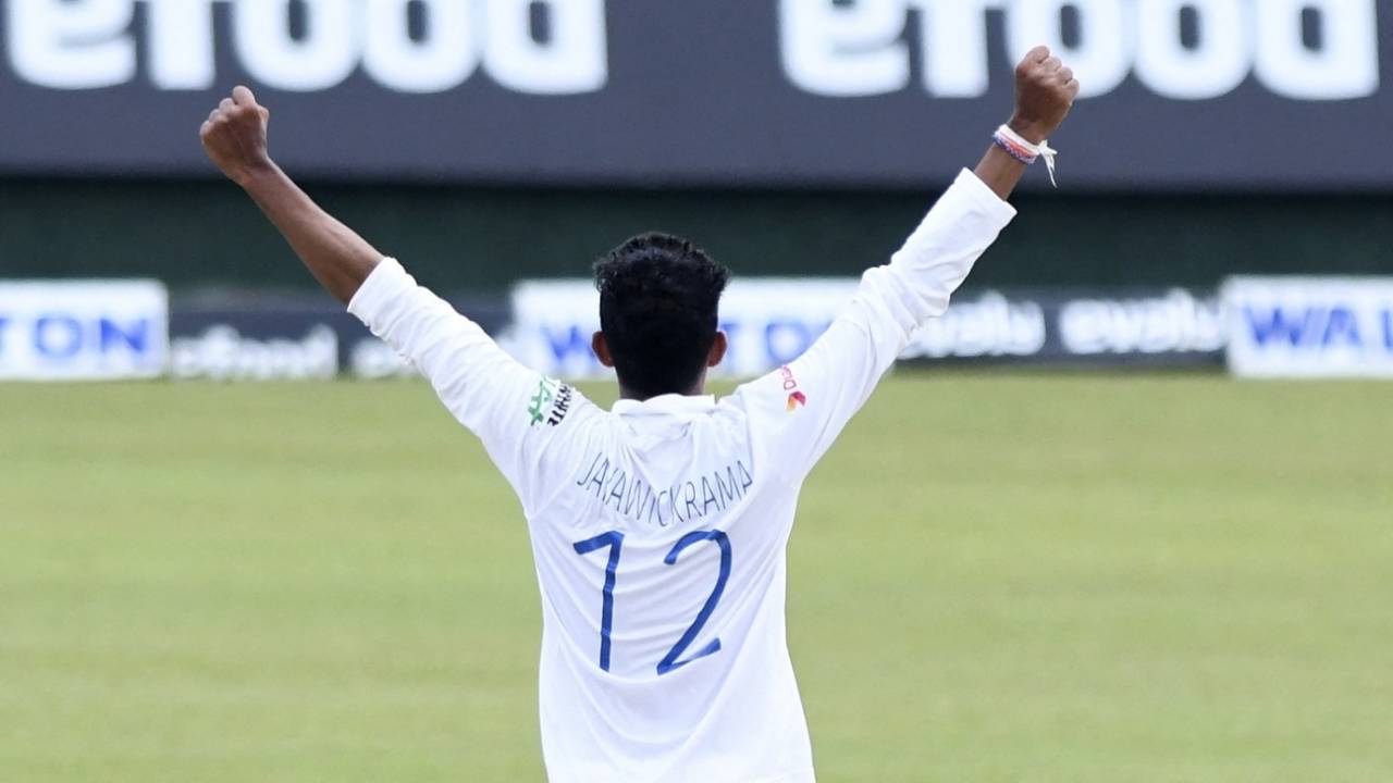 Praveen Jayawickrama celebrates a wicket, Pallekele, May 2, 2021
