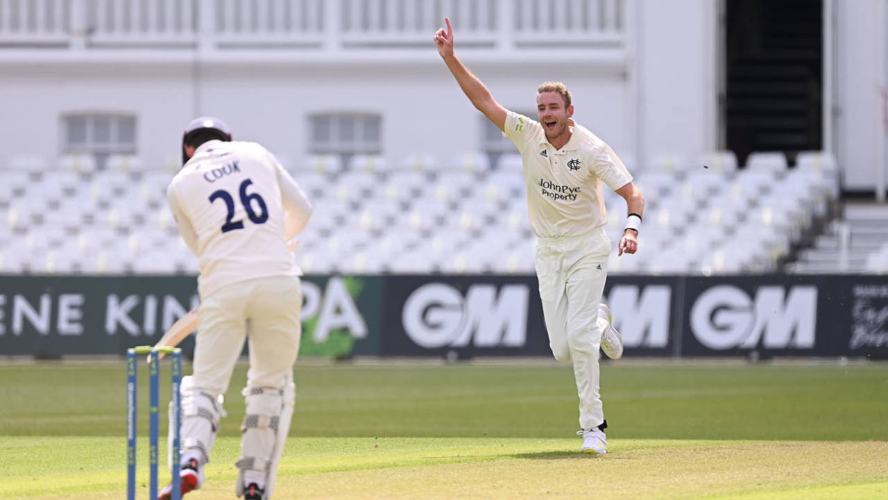 Stuart Broad claims the wicket of Alastair Cook, LV= Insurance County Championship, Nottinghamshire vs Essex, Trent Bridge, May 6, 2021