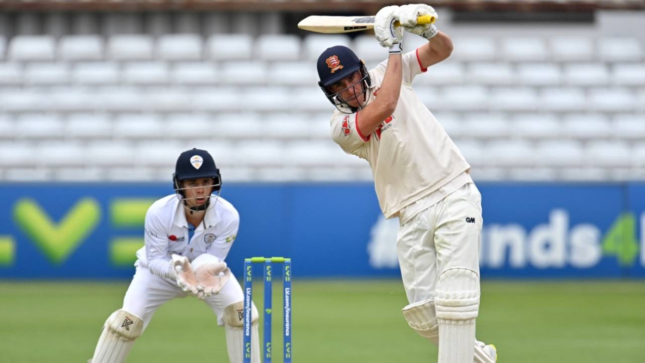 Dan Lawrence drives down the ground during his century, Essex vs Derbyshire, Chelmsford, LV= County Championship, 2nd day, May 14, 2021