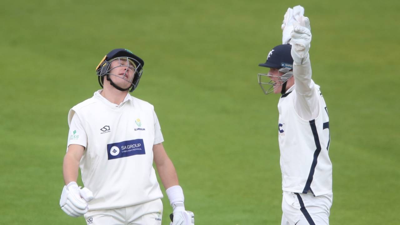 Harry Duke, Yorkshire's debutant wicketkeeper, joins the celebrations as Marnus Labuschagne falls lbw, Glamorgan vs Yorkshire, LV= County Championship, 2nd day, Cardiff, May 14, 2021