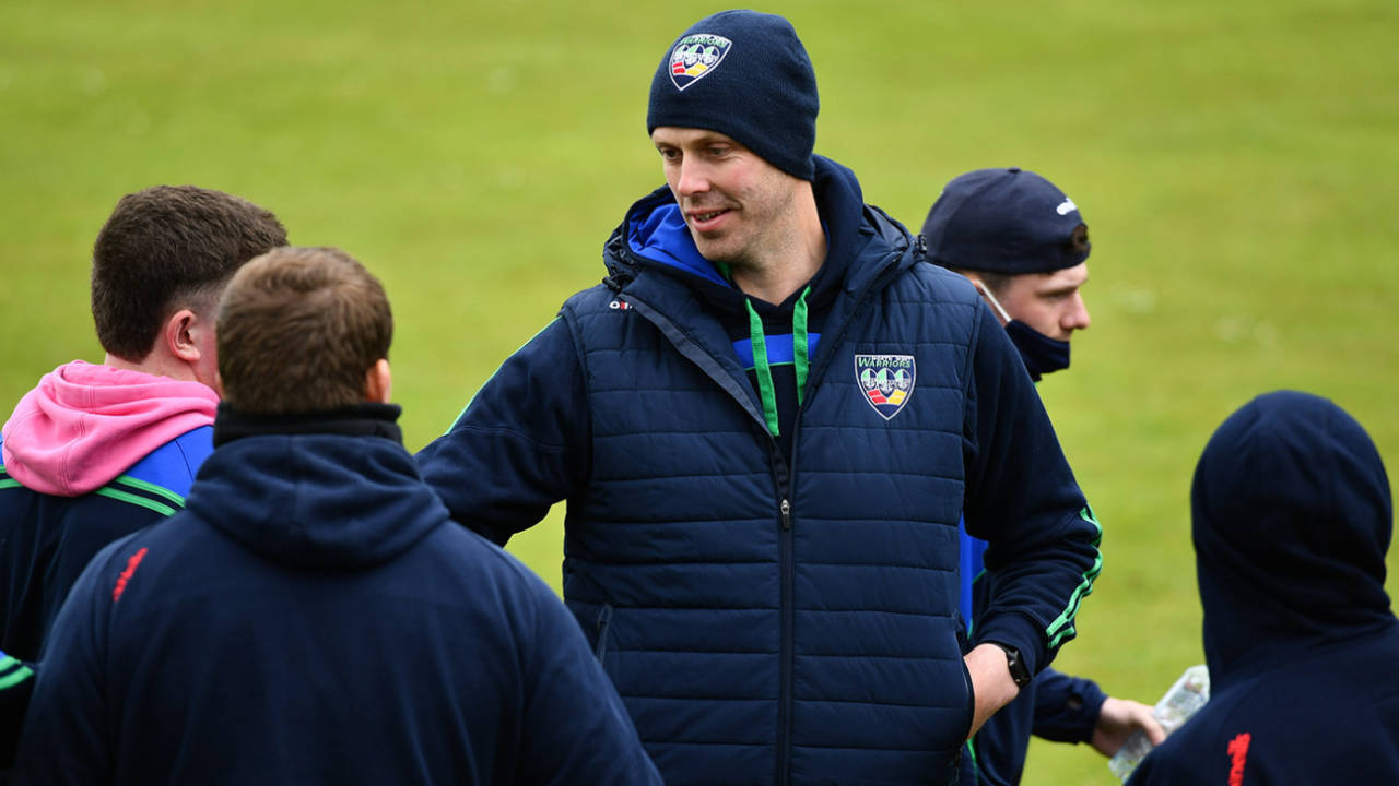 Boyd Rankin chats on the outfield after play was abandoned, North-West Warriors vs Northern Knights, Bready, May 21, 2021