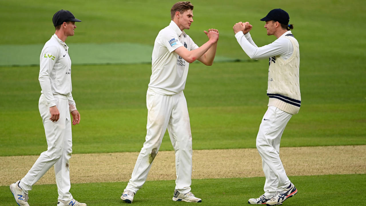 Blake Cullen gets a fist bump from his captain, Middlesex vs Hampshire, LV= County Championship, Lord's, 2nd day, May 14, 2021