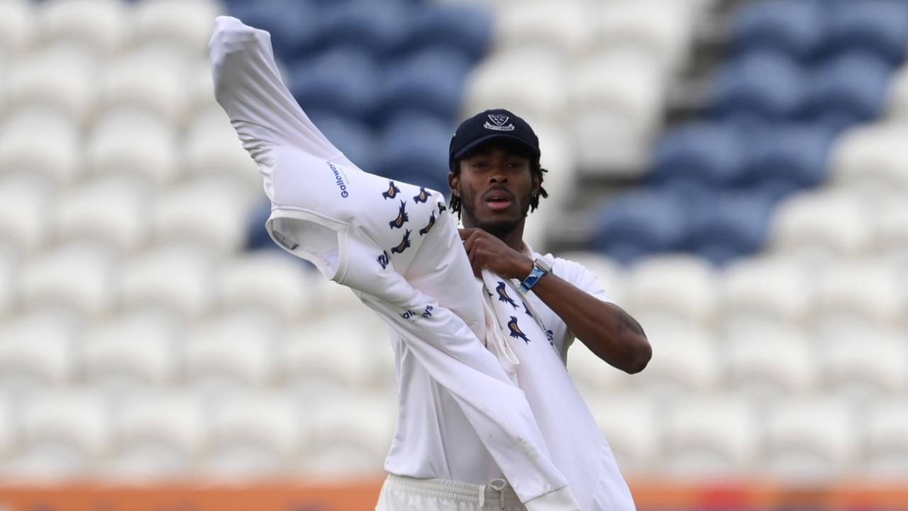 Jofra Archer of Sussex during the LV= Insurance County Championship match against Kent, Hove, May 13, 2021