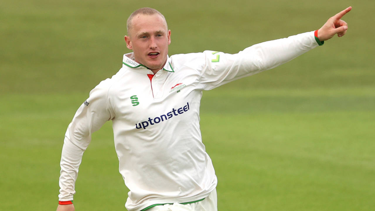 Callum Parkinson celebrates a wicket, LV= Insurance County Championship, Leicestershire vs Middlesex, day 1, Grace Road, May 27, 2021