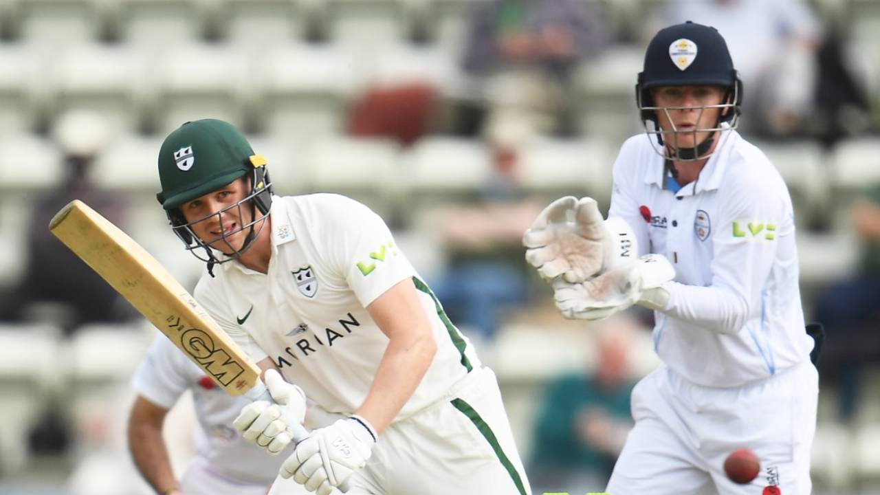 Jack Haynes works the ball to leg during his first-day 97, Worcestershire vs Derbyshire, New Road, LV= County Championship, 1st day, May 27, 2021