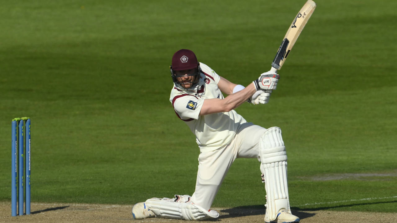 Rob Keogh thrashes a drive, Sussex vs Northamptonshire, LV= Insurance County Championship, Hove, 1st day, May 27, 2021